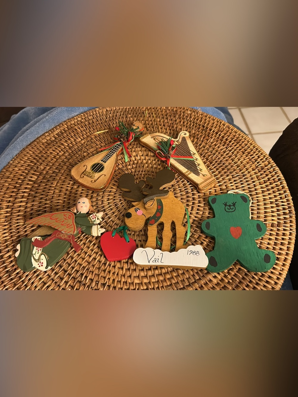 Handpainted Green Reindeer and Holiday Ornaments Set